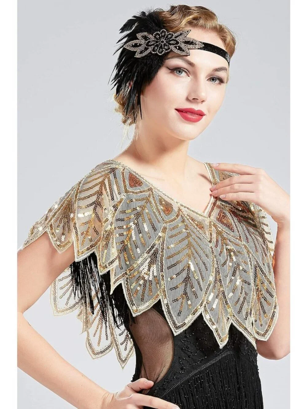 Glam 1920s Sequin Beaded Shawl Wrap Cover-Up for Bridal Evening Events